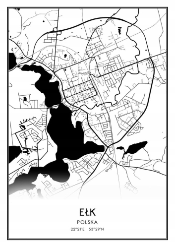 Mapa czarno biała plakat Ełk