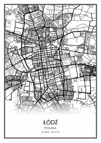 Mapa czarno biała plakat Łódź