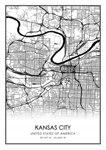 Mapa czarno biała plakat Kansas City