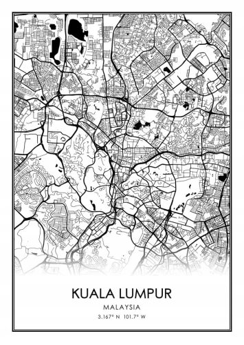 Mapa czarno biała plakat Kuala Lumpur