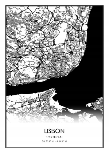 Mapa czarno biała plakat Lisbon Lizbona