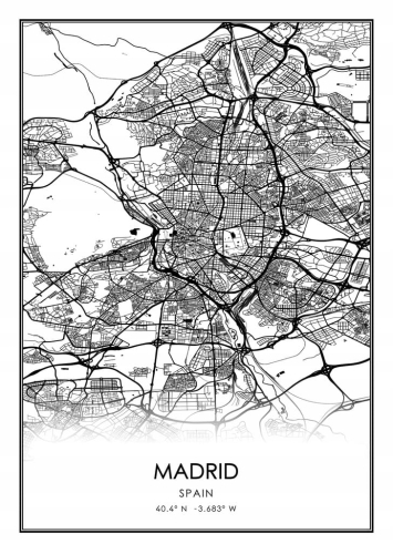 Mapa czarno biała plakat Madrid Madryt