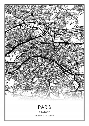 Mapa czarno biała plakat Paris Paryż