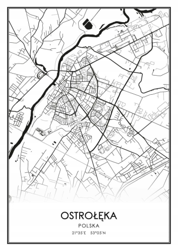Mapa czarno biała plakat Ostrołęka
