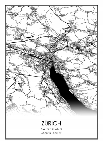Mapa czarno biała plakat Zurich Zurych