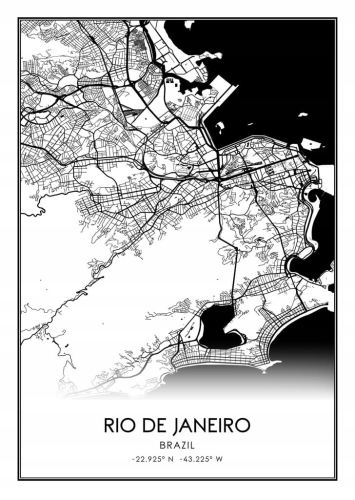 Mapa czarno biała plakat Rio De Janeiro